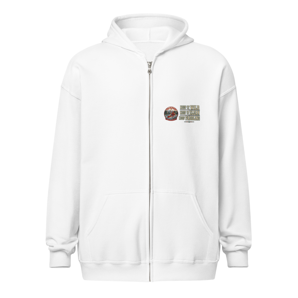 CUC Heavy Blend Zip Hoodie — George's Riverbank Hoodie | White | front | Keep It Wild left chest and lowered back | 2026-09-23 | transparent artwork correction 2026-09-24