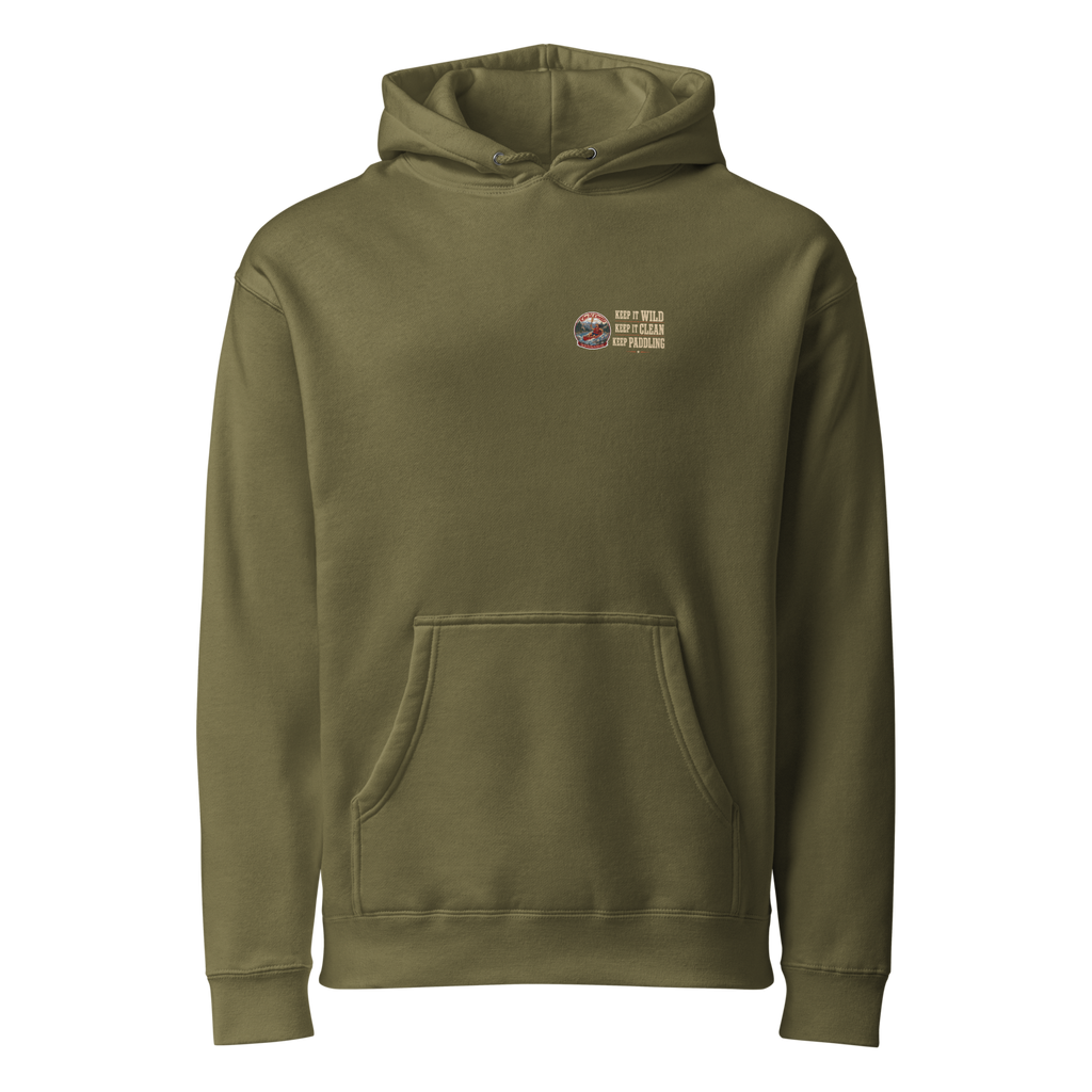 CUC Heavyweight Hoodie — George's Dam-Side Hoodie | Army | front | lower left-chest transparent artwork v3
