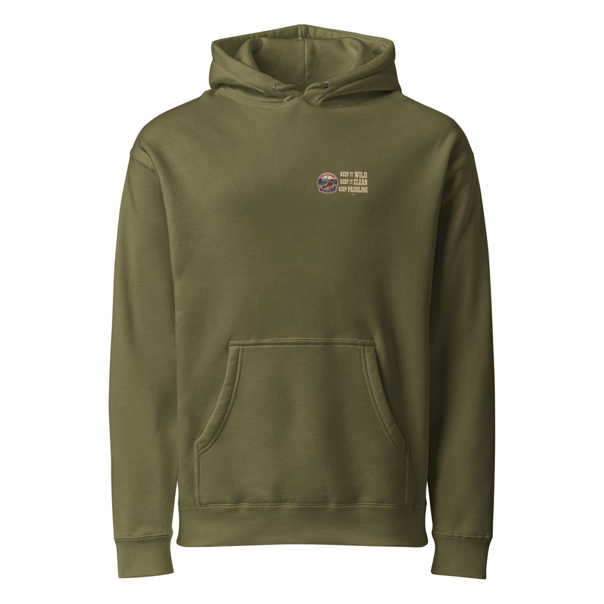CUC Heavyweight Hoodie — George's Dam-Side Hoodie | Army | front | lower left-chest transparent artwork v3