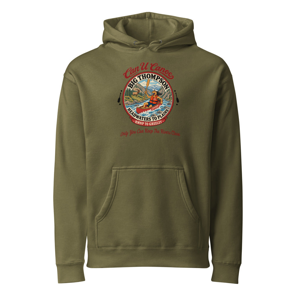 Big Thompson Army heavyweight hoodie with enlarged red cursive river badge