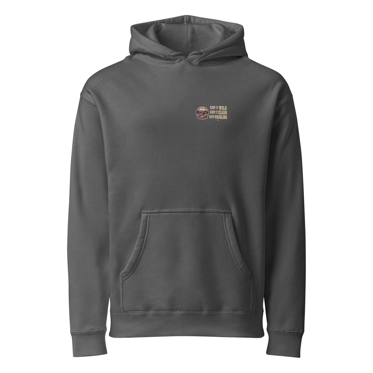 CUC Heavyweight Hoodie — George's Dam-Side Hoodie | Charcoal Solid | front | lower left-chest transparent artwork v3