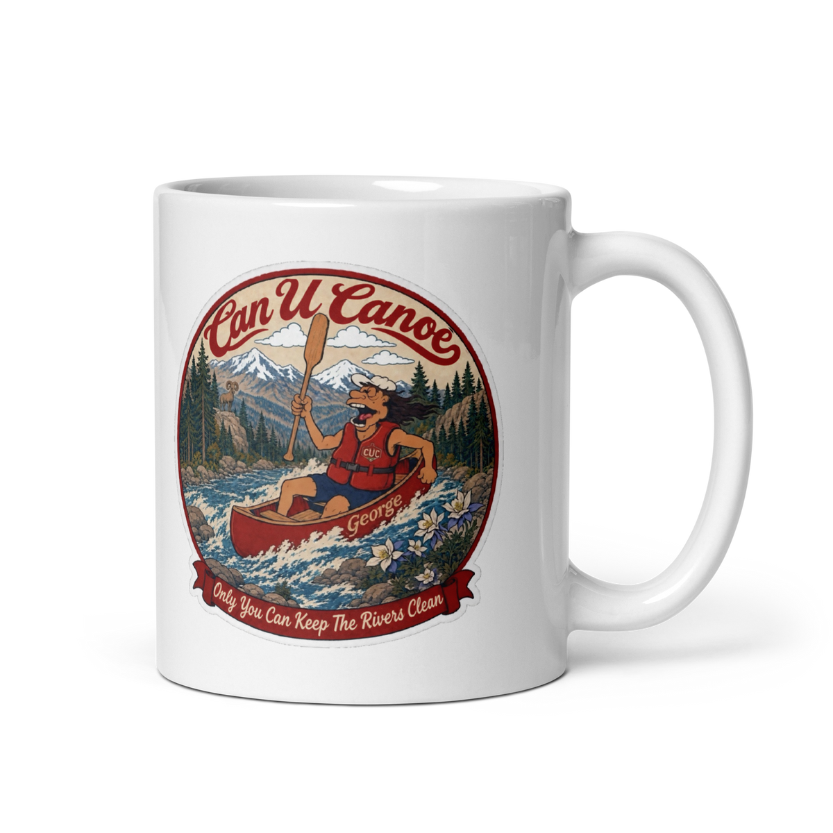 George's Morning Paddle Mug, 11 oz, exact approved badge, handle right