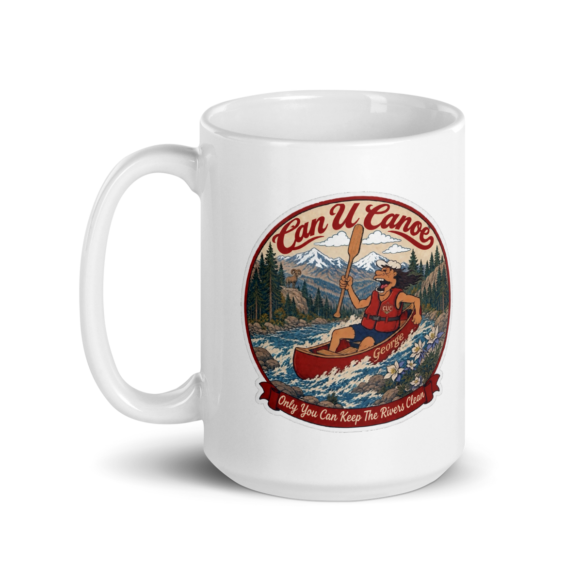 George's Morning Paddle Mug, 15 oz, exact approved badge, handle left
