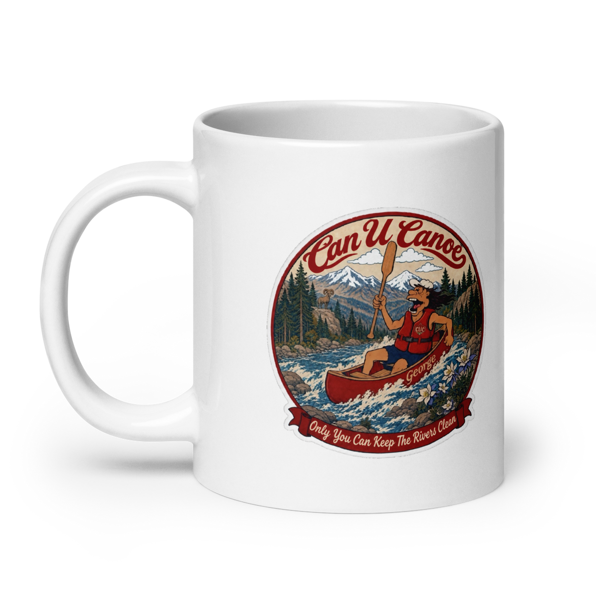 George's Morning Paddle Mug, 20 oz, exact approved badge, handle left
