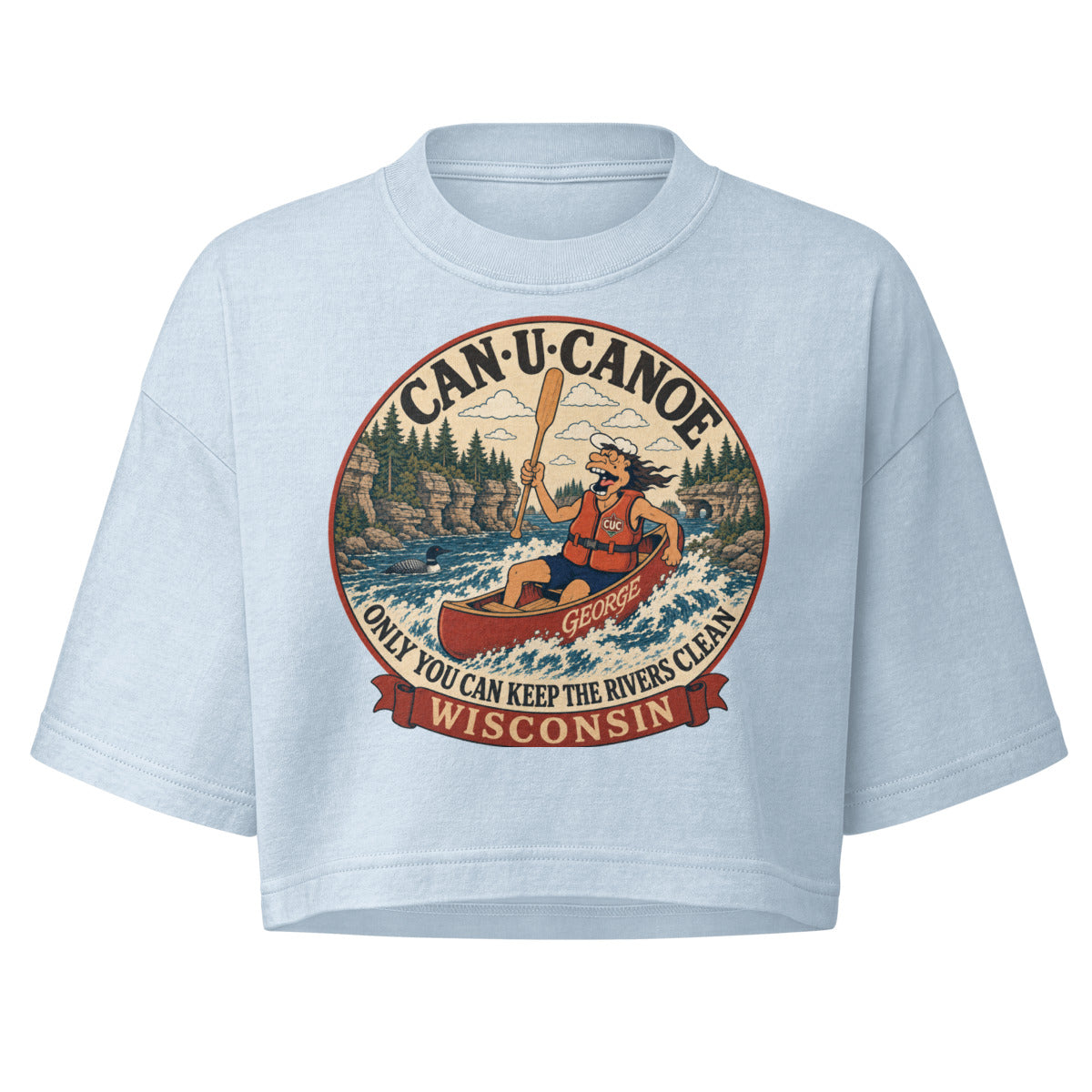 George's Wisconsin River Badge Garment-Dye Crop Tee in Light Washed Denim