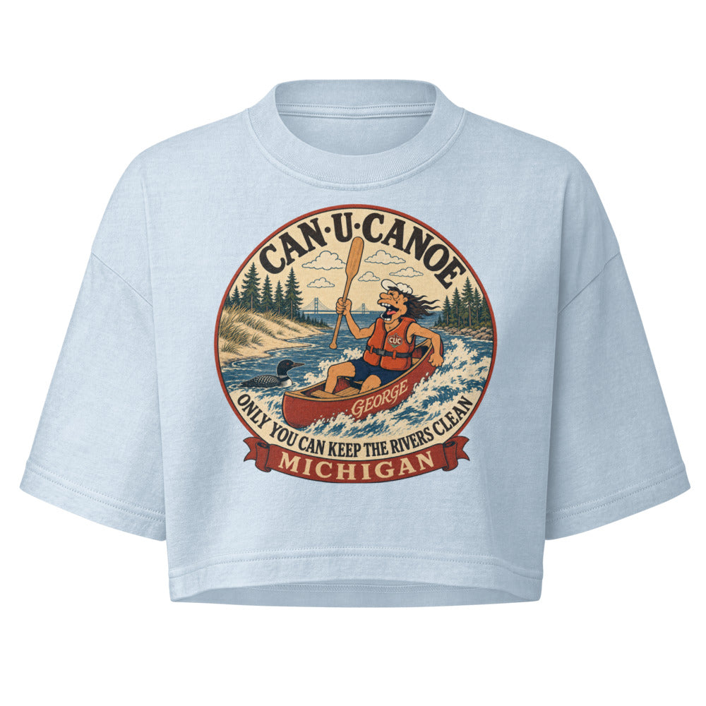 Michigan River Badge crop tee in Light Washed Denim