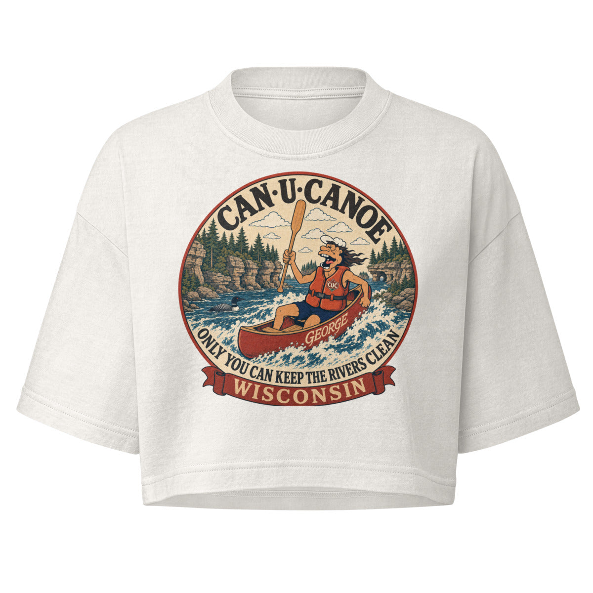 George's Wisconsin River Badge Garment-Dye Crop Tee in Vintage White