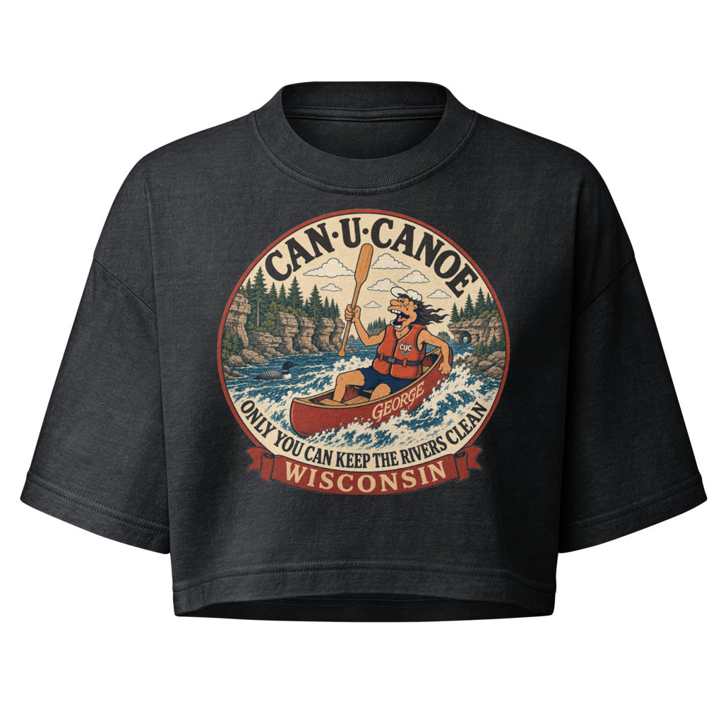 George's Wisconsin River Badge Garment-Dye Crop Tee in Washed Black