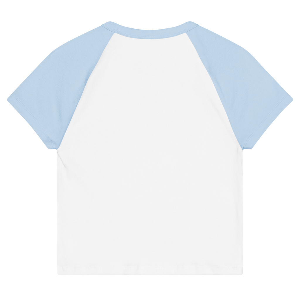 CUC Micro Rib Raglan Baby Tee — George's Cabin Tee | White/Baby Blue | S | back | approved George campaign artwork