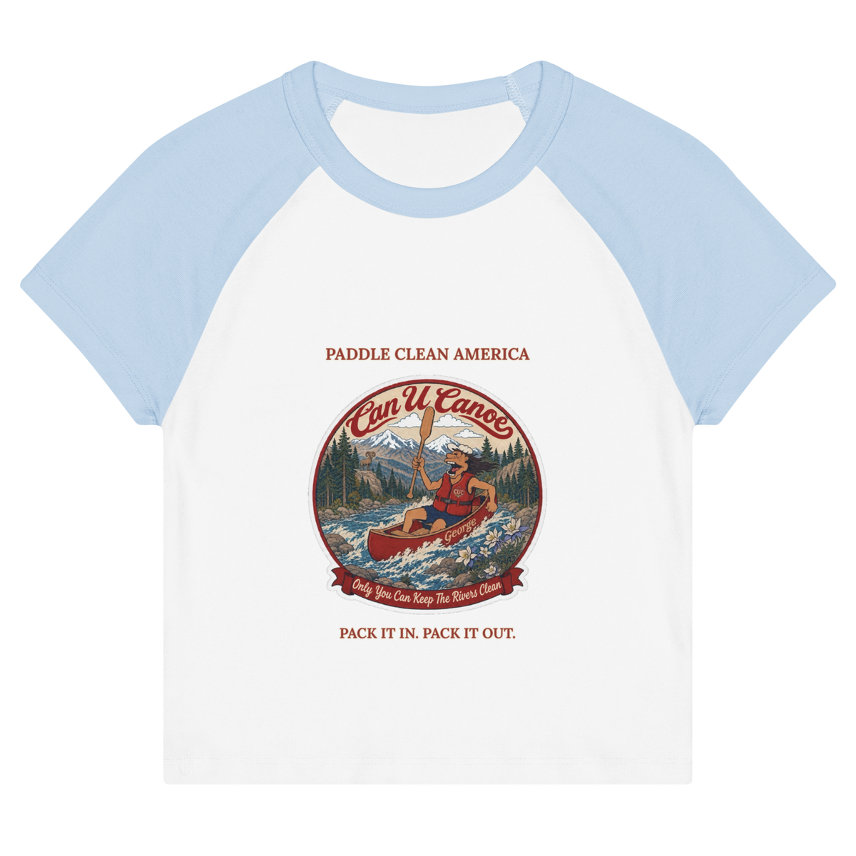 CUC Micro Rib Raglan Baby Tee — George's Cabin Tee | White/Baby Blue | S | front | approved George campaign artwork