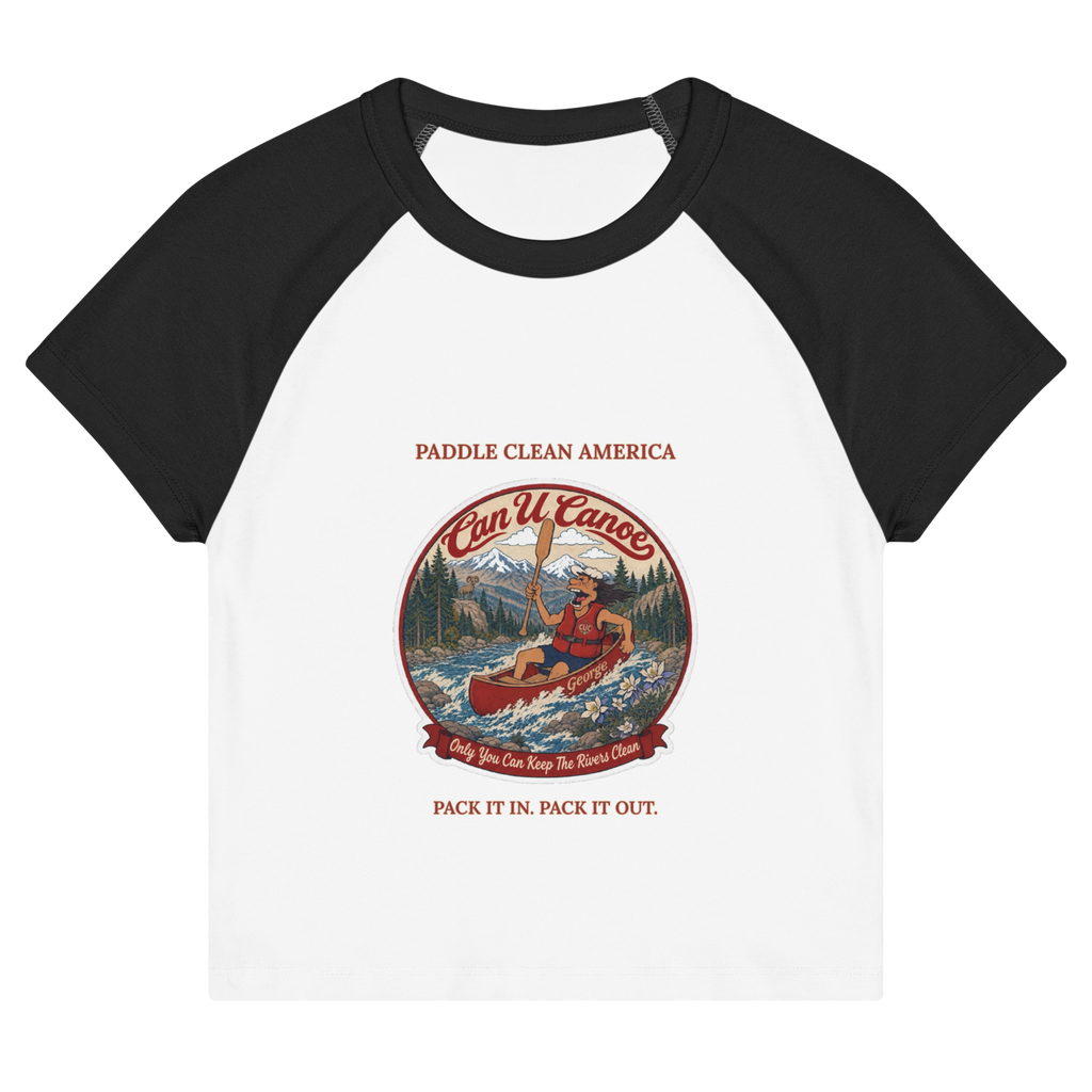 CUC Micro Rib Raglan Baby Tee — George's Cabin Tee | White/Black | S | front | approved George campaign artwork