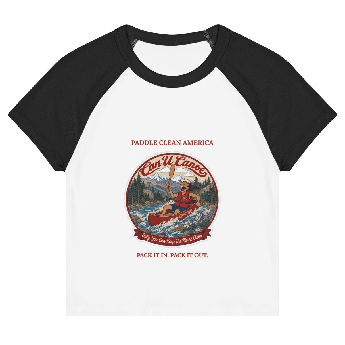 CUC Micro Rib Raglan Baby Tee — George's Cabin Tee | White/Black | S | front | approved George campaign artwork