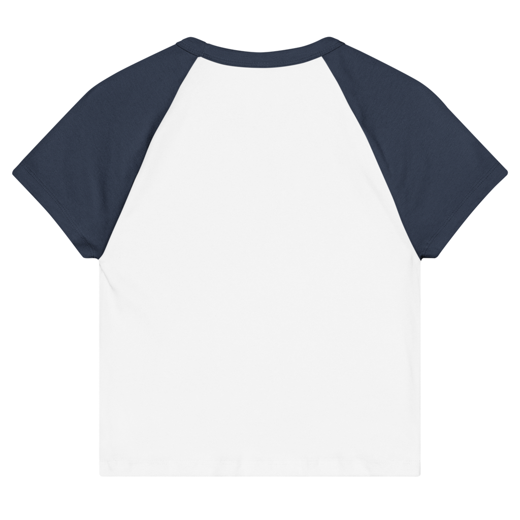CUC Micro Rib Raglan Baby Tee — George's Cabin Tee | White/Navy | S | back | approved George campaign artwork