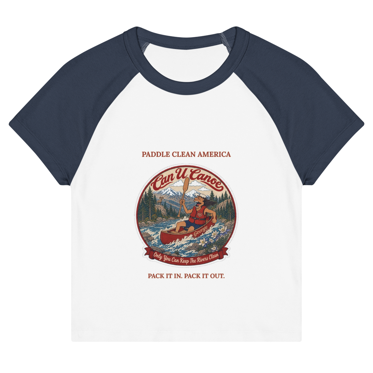 CUC Micro Rib Raglan Baby Tee — George's Cabin Tee | White/Navy | S | front | approved George campaign artwork