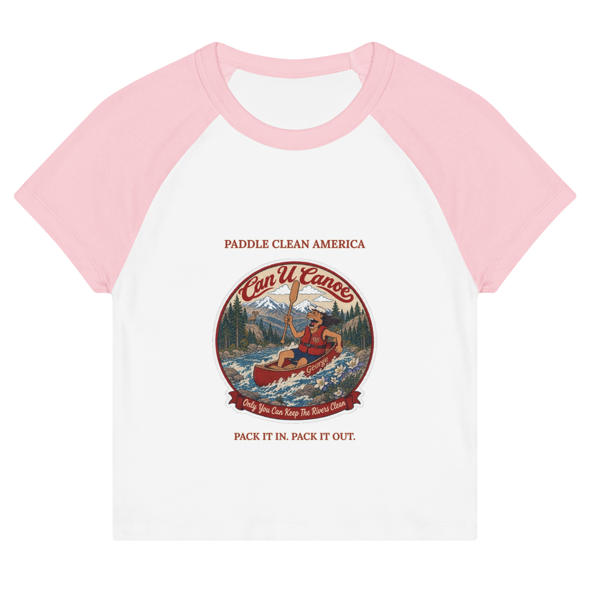 CUC Micro Rib Raglan Baby Tee — George's Cabin Tee | White/Pink | S | front | approved George campaign artwork