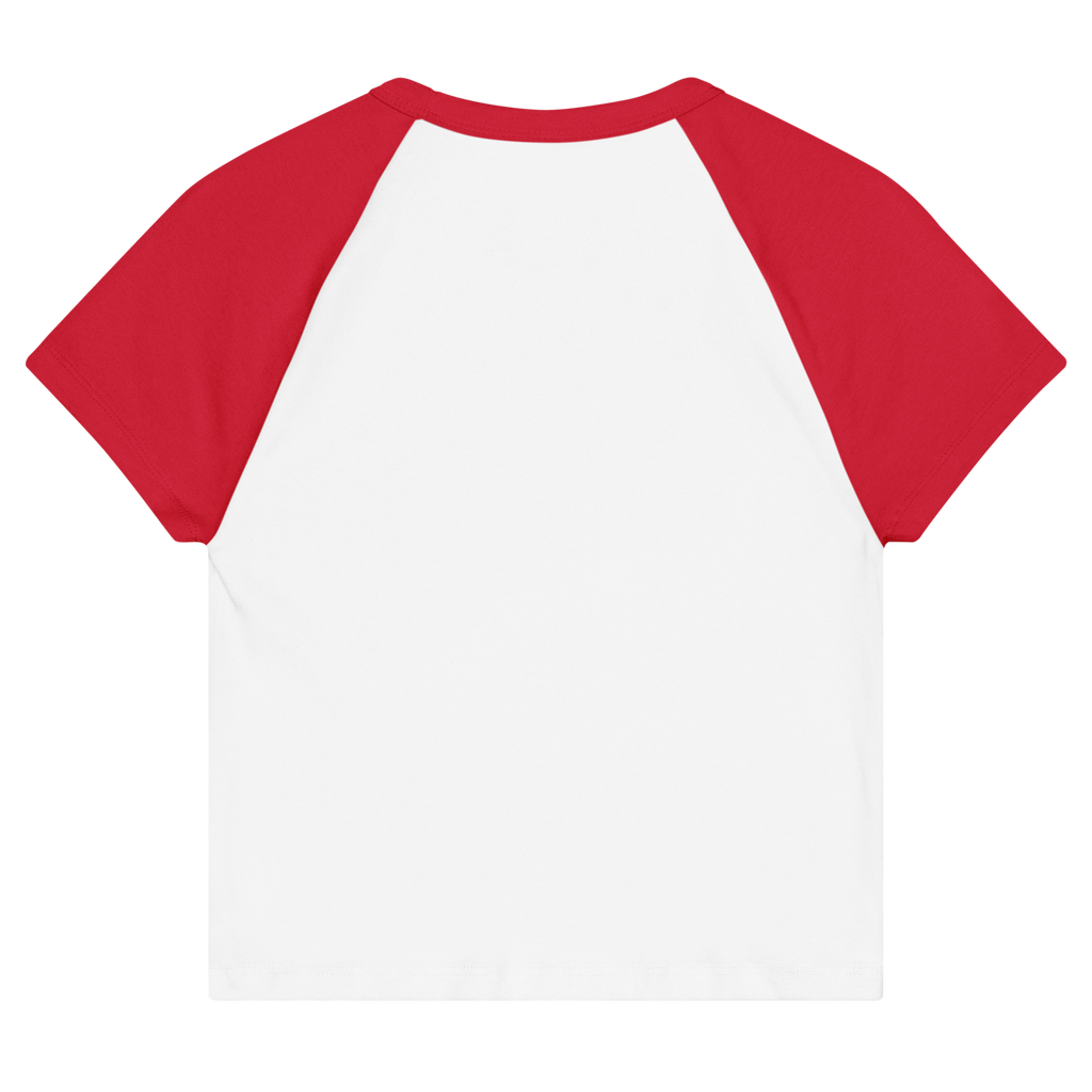 CUC Micro Rib Raglan Baby Tee — George's Cabin Tee | White/Red | S | back | approved George campaign artwork