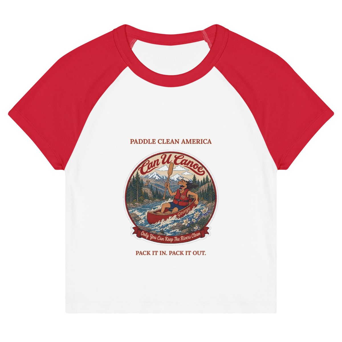 CUC Micro Rib Raglan Baby Tee — George's Cabin Tee | White/Red | S | front | approved George campaign artwork