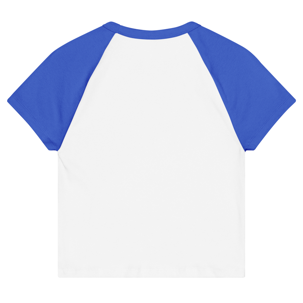 CUC Micro Rib Raglan Baby Tee — George's Cabin Tee | White /True Royal | S | back | approved George campaign artwork