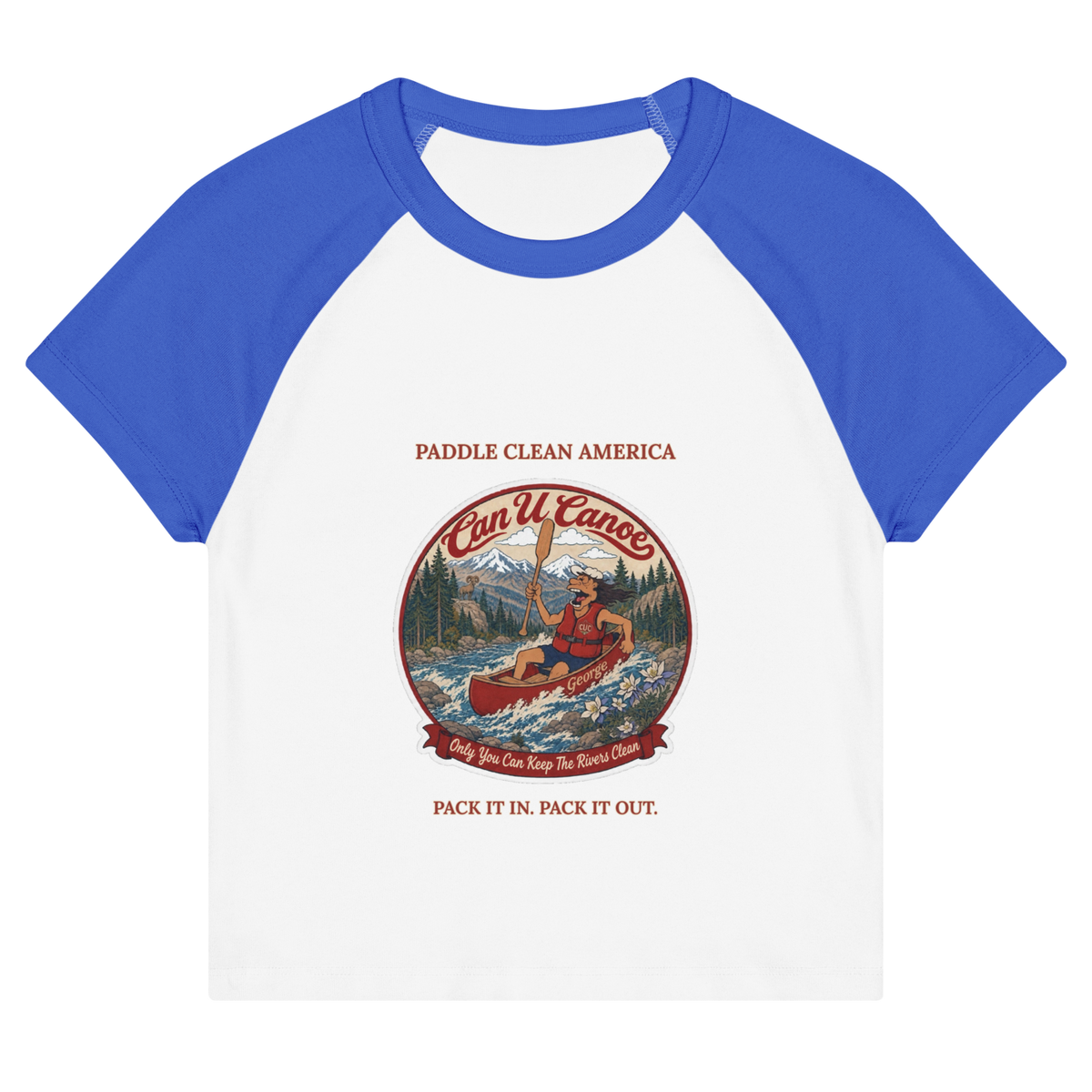 CUC Micro Rib Raglan Baby Tee — George's Cabin Tee | White /True Royal | S | front | approved George campaign artwork