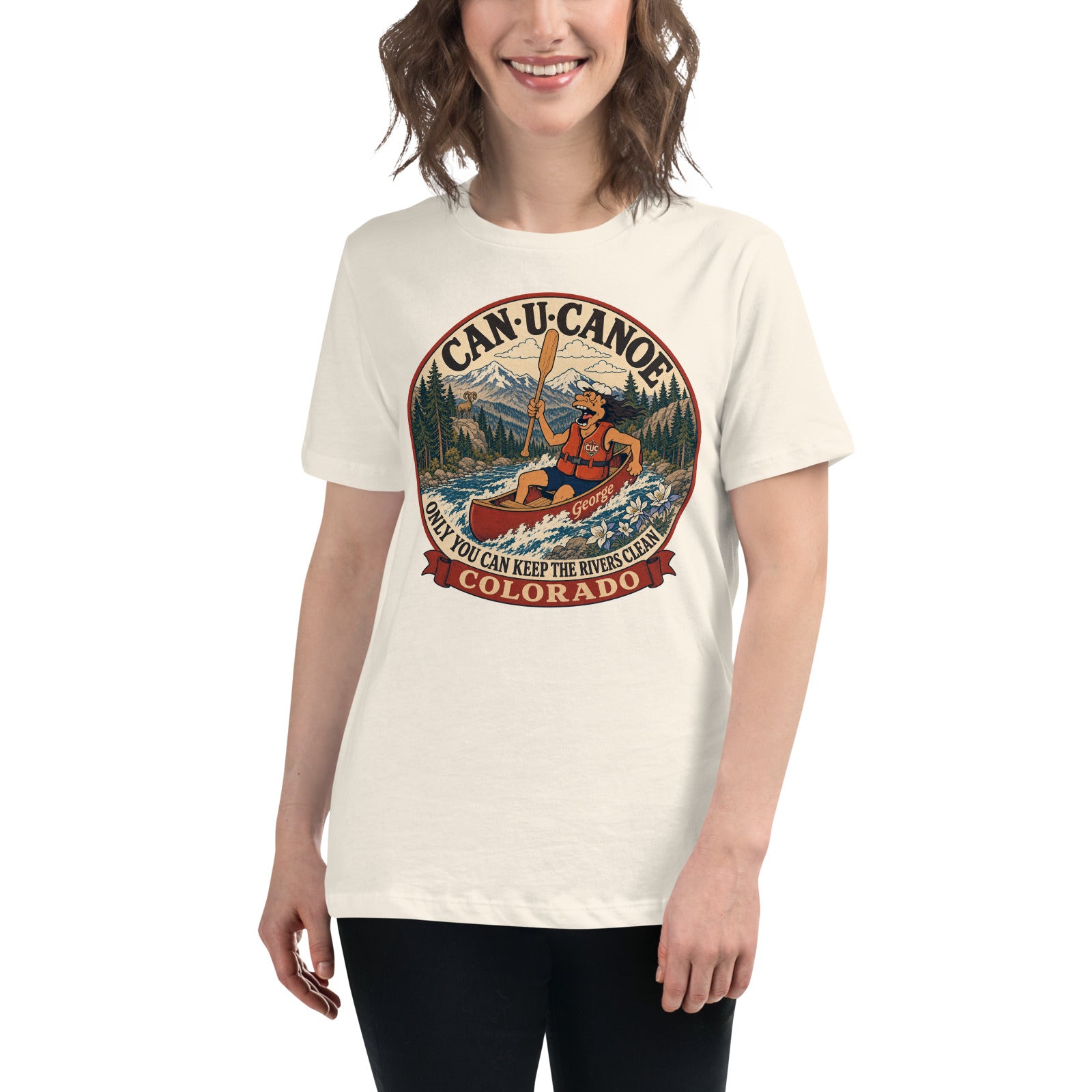 Colorado State Badge women’s relaxed tee in Natural, front mockup