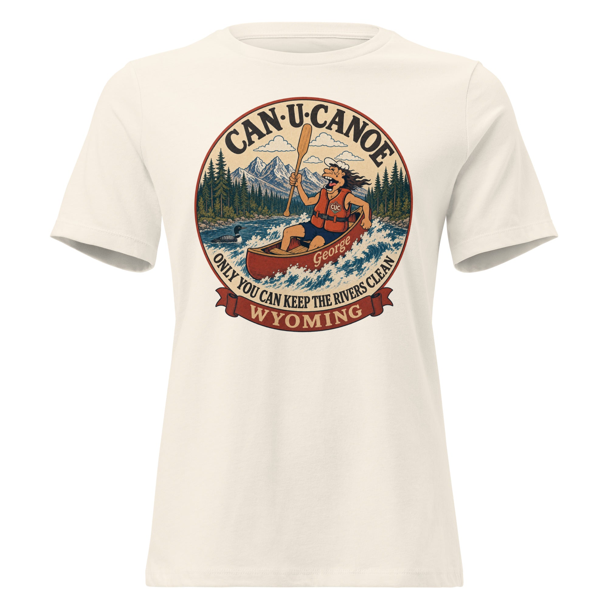 Wyoming Yellowstone Lake State Badge women’s relaxed tee in Natural, front mockup