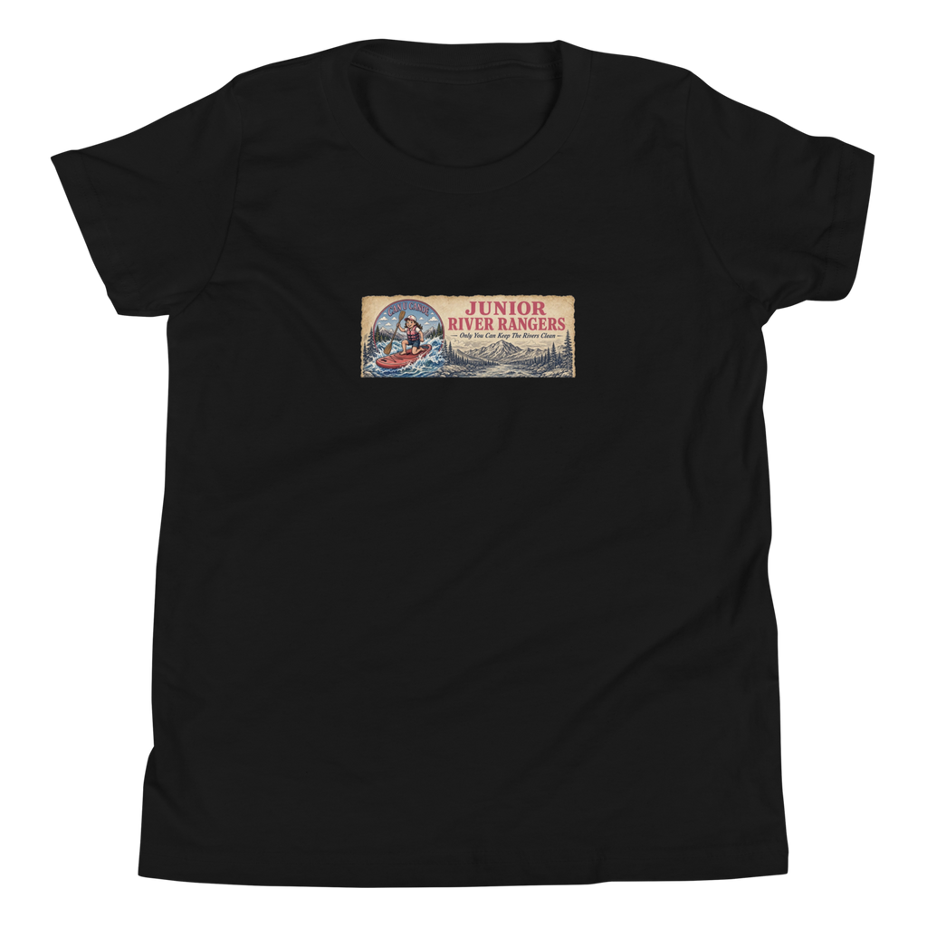 Junior River Rangers Youth Tee — Pink Canoe Edition | Black | front | newest girl pledge-card artwork