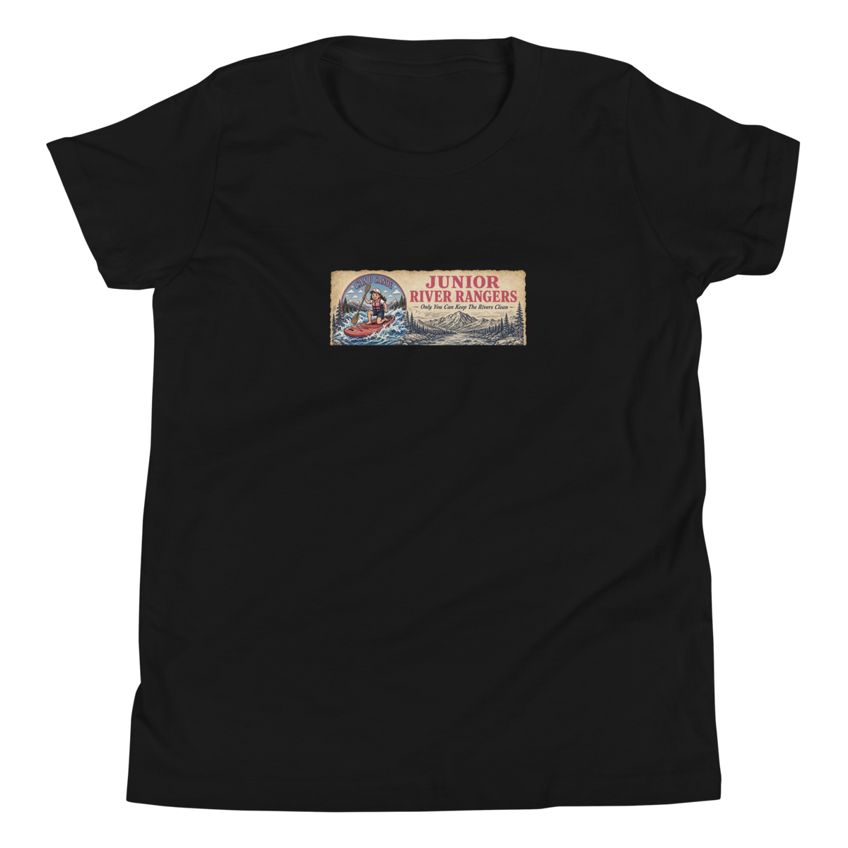 Junior River Rangers Youth Tee — Pink Canoe Edition | Black | front | newest girl pledge-card artwork